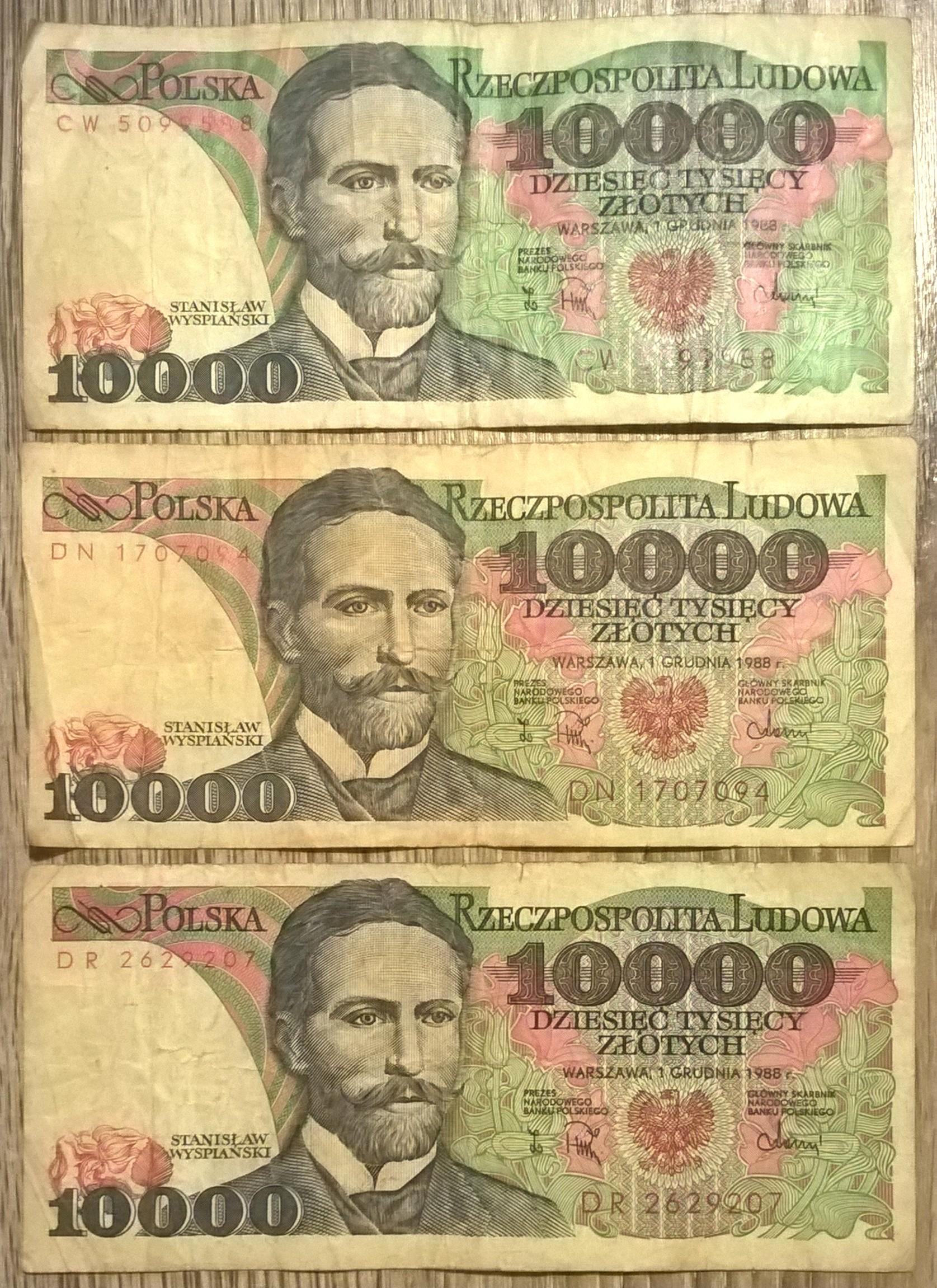 Zestaw banknotów PRL (3 szt.) – 10 000 zł (DZIESIĘĆ TYSIĘCY ZŁOTYCH) / Stanisław Wyspiański – 1988 r.