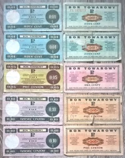 Zestaw banknotów / bonów towarowych PEKAO - PRL, 10 sztuk