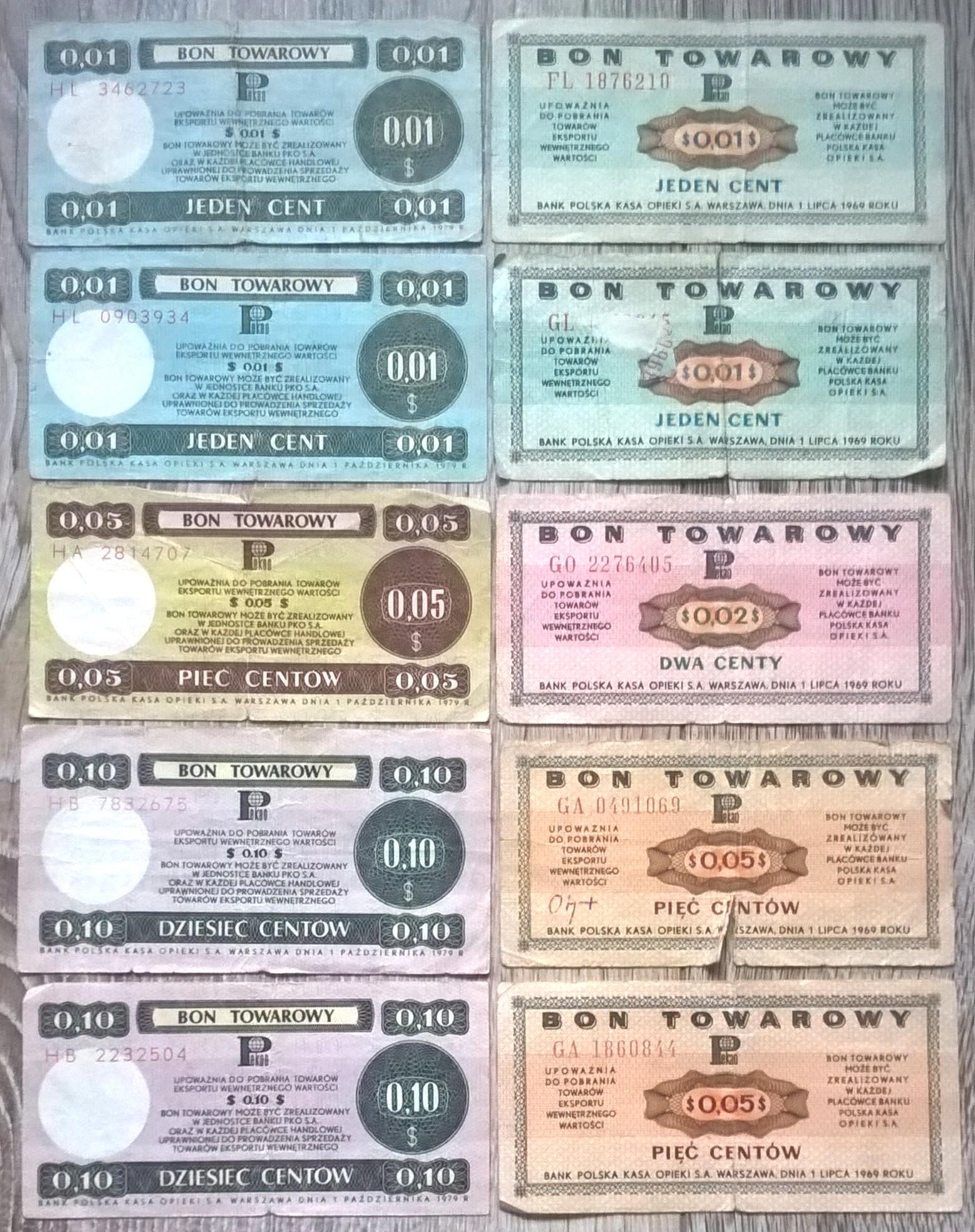 Zestaw banknotów / bonów towarowych PEKAO - PRL, 10 sztuk