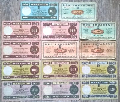 Zestaw banknotów / bonów towarowych PEKAO – PRL, 14 sztuk