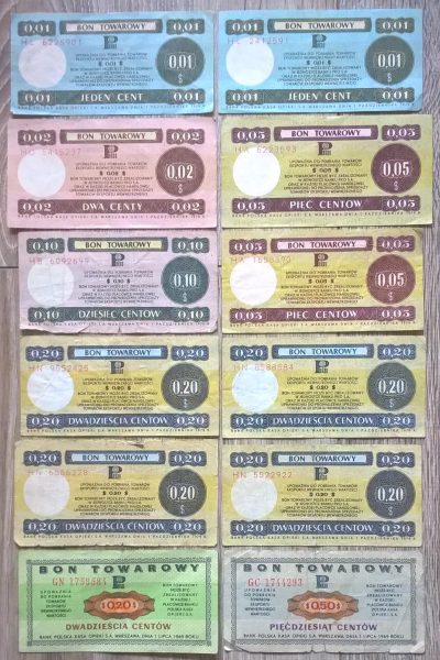 Zestaw banknotów / bonów towarowych PEKAO – PRL, 12 sztuk