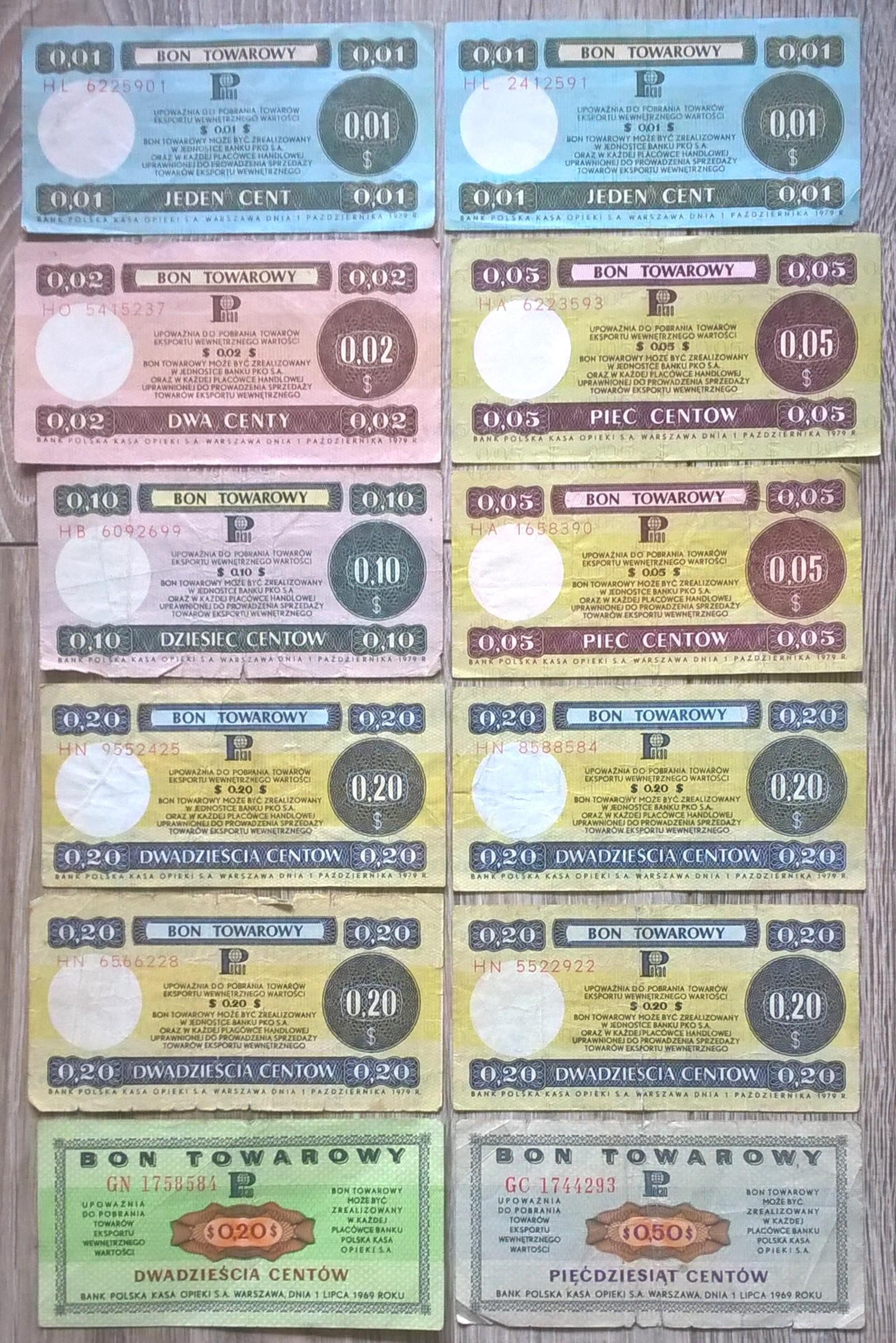 Zestaw banknotów / bonów towarowych PEKAO – PRL, 12 sztuk