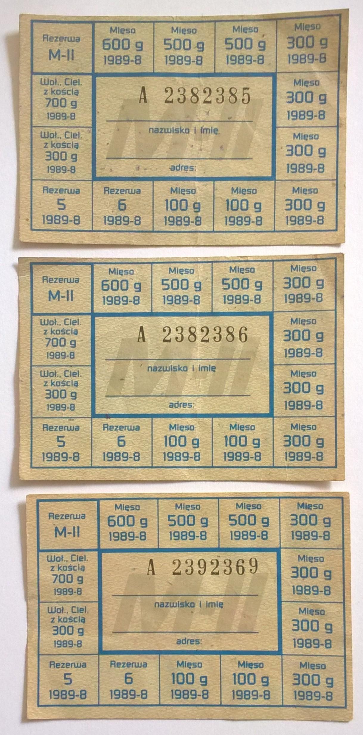 Kartki żywnościowe PRL - 1988/89 r.