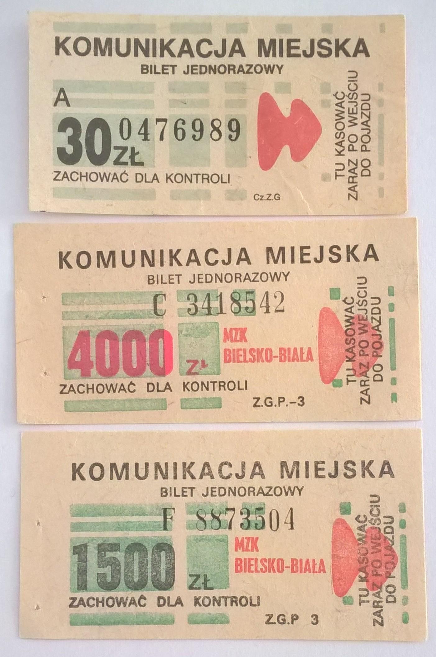 Zestaw starych biletów - KOMUNIKACJA MIEJSKA - MZK BIELSKO-BIAŁA
