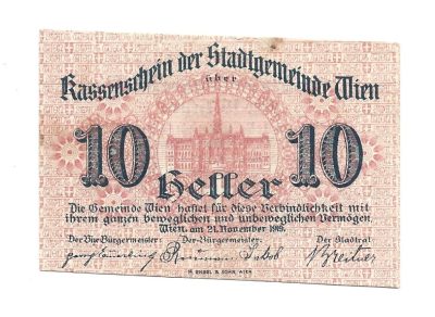 Banknot – 10 heller, Stadtgemeinde Wien - 10 halerzy, miasto Wiedeń, 1919 r.