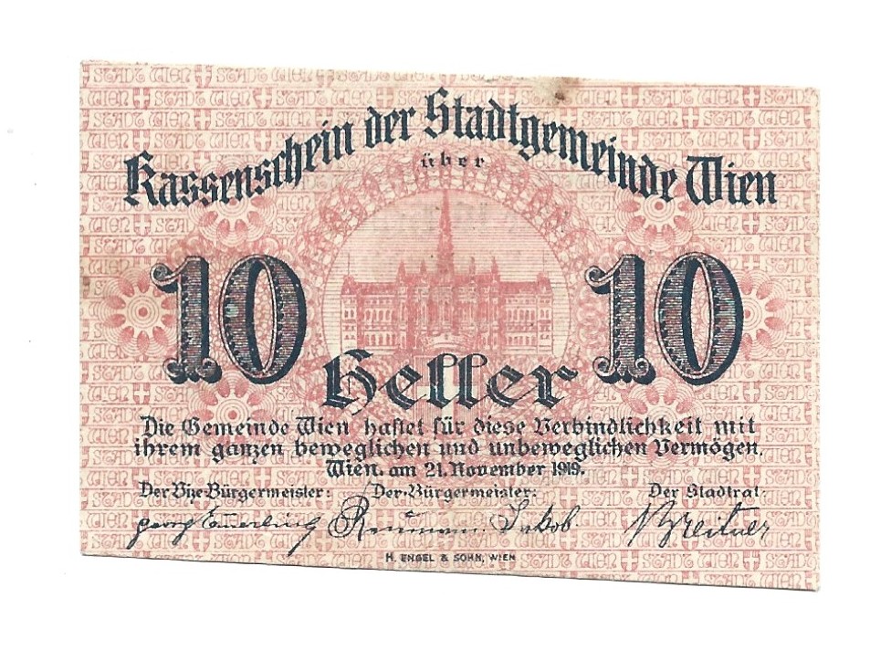 Banknot – 10 heller, Stadtgemeinde Wien - 10 halerzy, miasto Wiedeń, 1919 r.