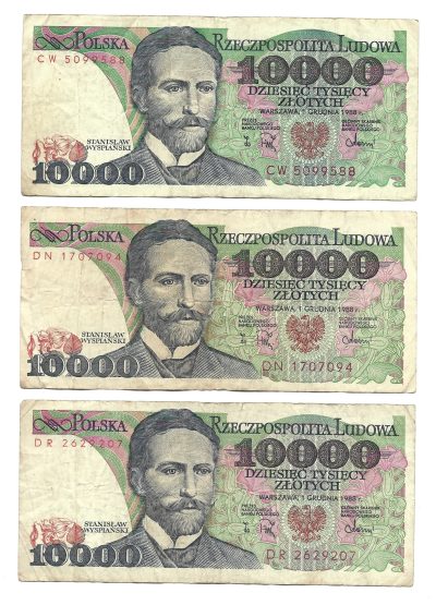 Zestaw banknotów PRL (3 szt.) – 10 000 zł (DZIESIĘĆ TYSIĘCY ZŁOTYCH) / Stanisław Wyspiański – 1988 r.