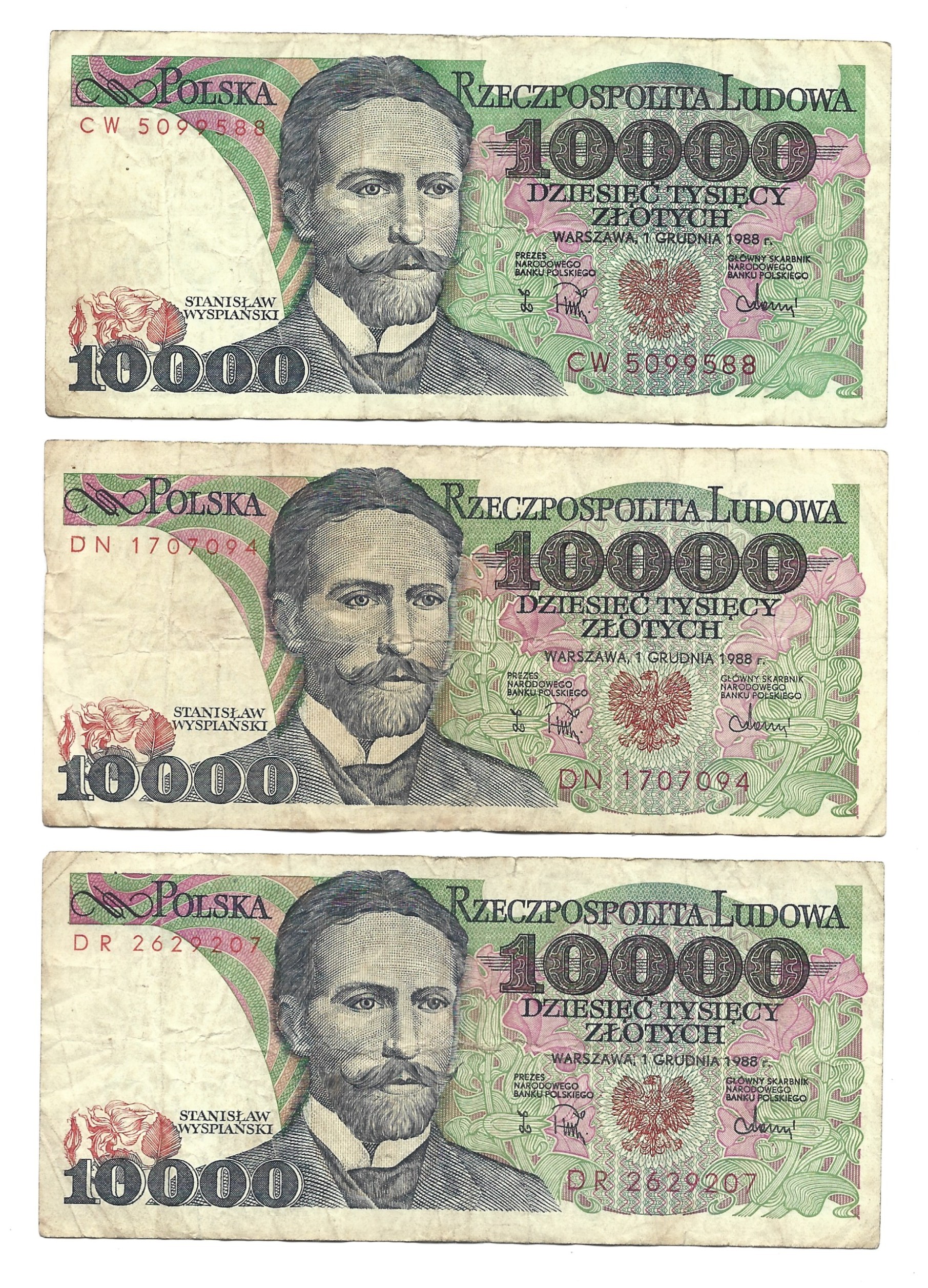 Zestaw banknotów PRL (3 szt.) – 10 000 zł (DZIESIĘĆ TYSIĘCY ZŁOTYCH) / Stanisław Wyspiański – 1988 r.