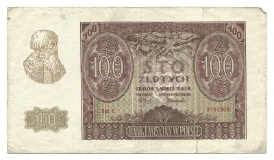 Banknot – 100 ZŁOTYCH, 1940 r.