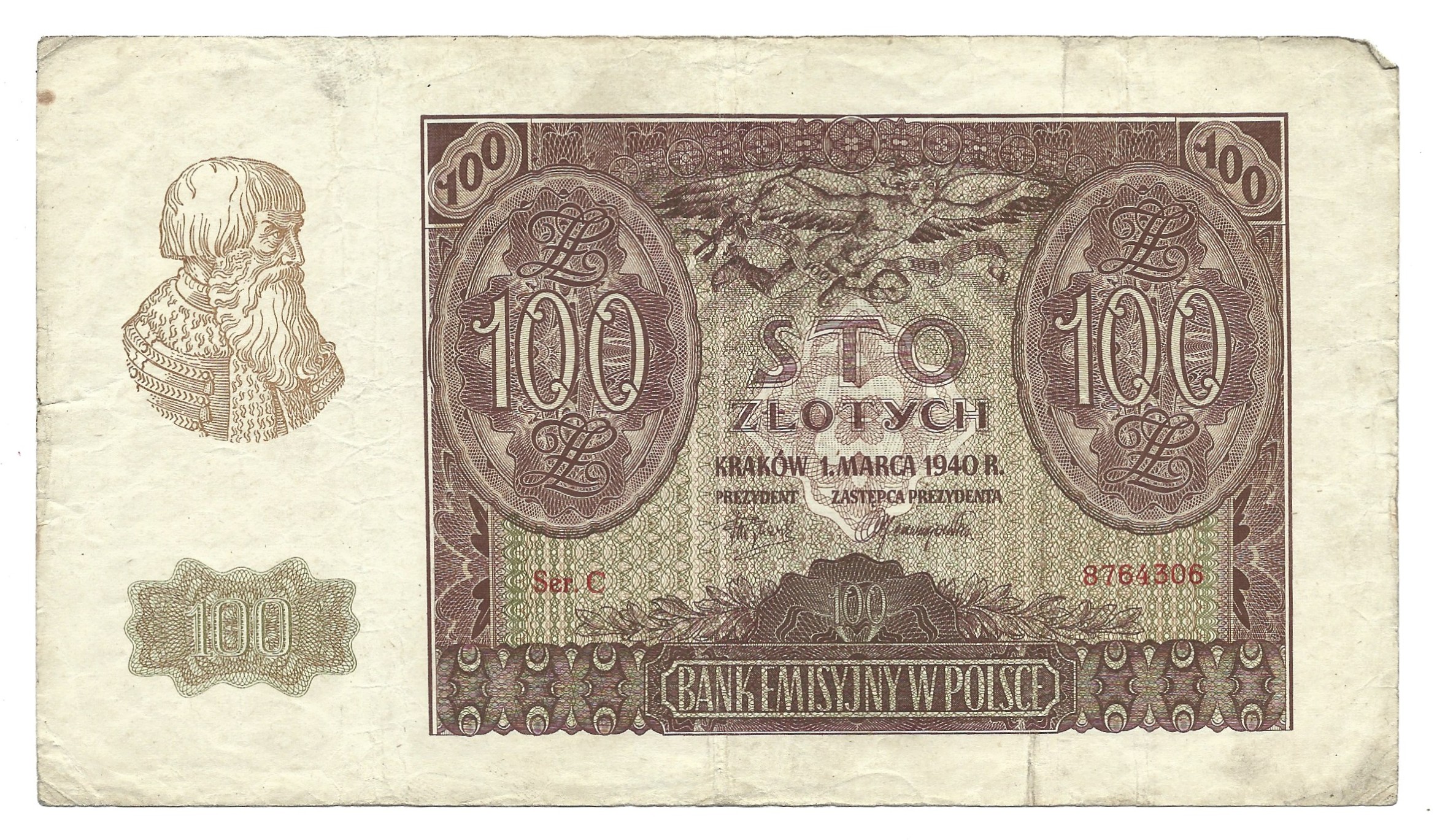 Banknot – 100 ZŁOTYCH, 1940 r.