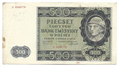 Banknot - 500 ZŁOTYCH, 1940 r.