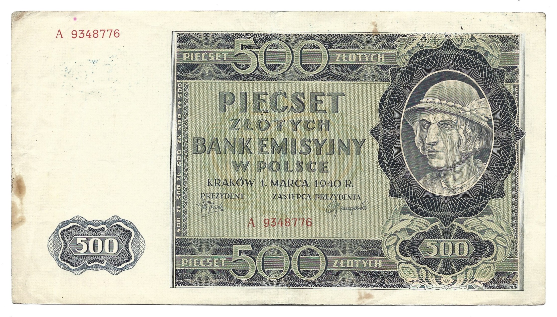 Banknot - 500 ZŁOTYCH, 1940 r.