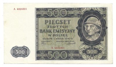 Banknot – 500 ZŁOTYCH, 1940 r.