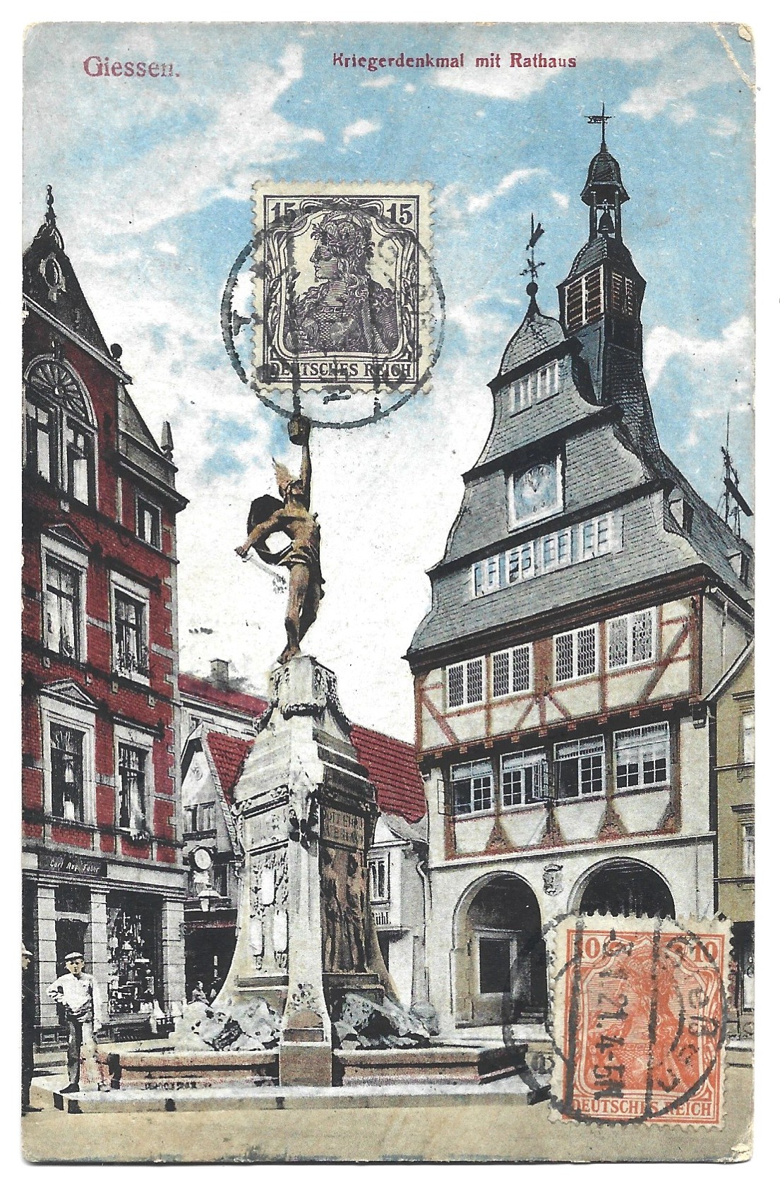Pocztówka - GIESSEN. Kriegerdenkmal mit Rathaus - GIESSEN. Pomnik poległych i ratusz [NIEMCY], 1921 r.