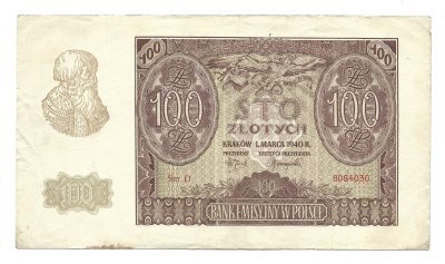 Banknot – 100 ZŁOTYCH, 1940 r.