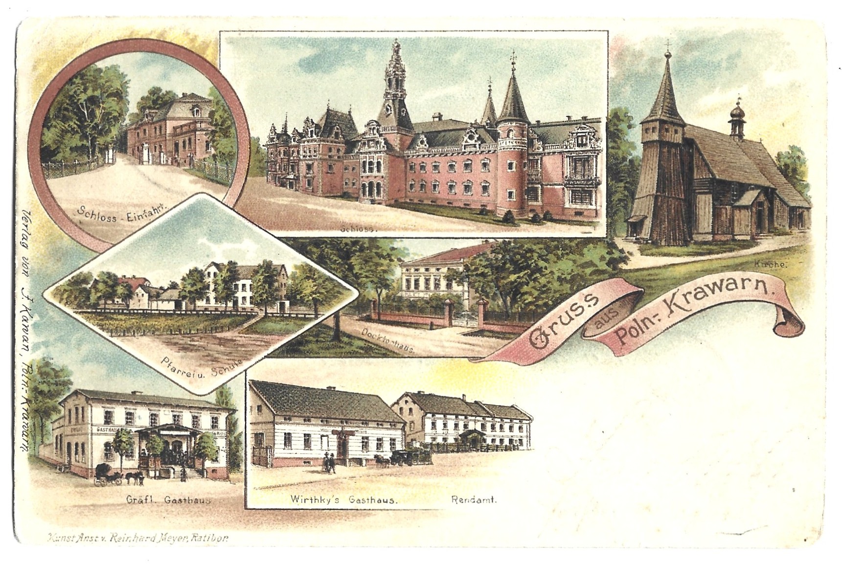Pocztówka - Gruss aus Poln.-Krawarn. - 1900 r. - Pozdrowienia z Krawarza Polskiego (Krowiarki, Śląsk)