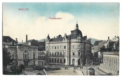 Pocztówka – Bielitz. Theaterplatz –  Bielsko. Plac Teatralny [Bielsko-Biała] – 1909 r.