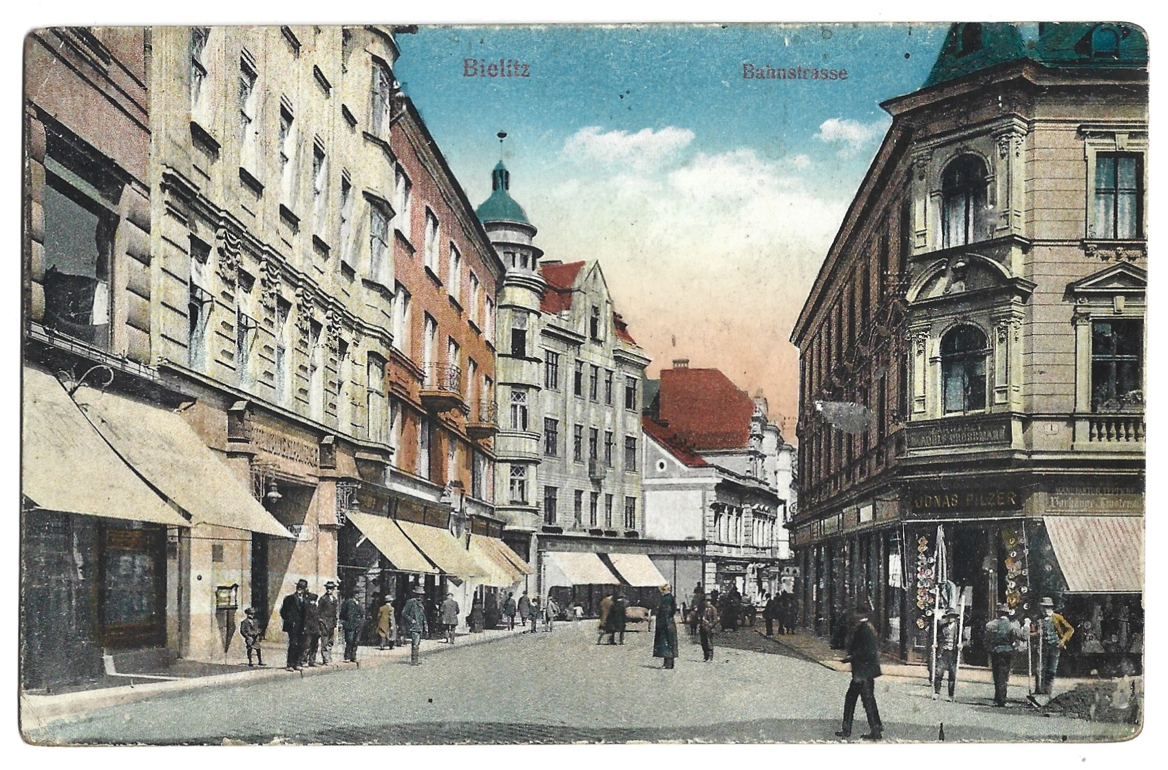 Pocztówka - BIELITZ. Bahnstrasse -  BIELSKO. Ulica Kolejowa, 1915 r. [obecnie Bielsko-Biała, ul. Barlickiego]