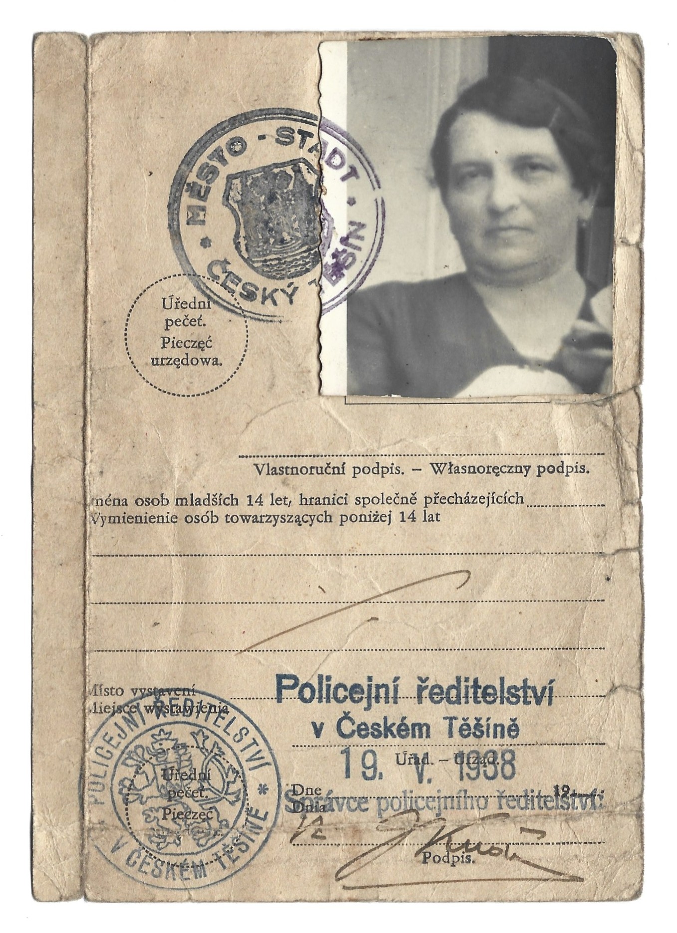 Przepustka stała imienna: CESKY TESIN - CIESZYN, 1938 r. - Polsko-Czeskosłowacki Ruch Pograniczny