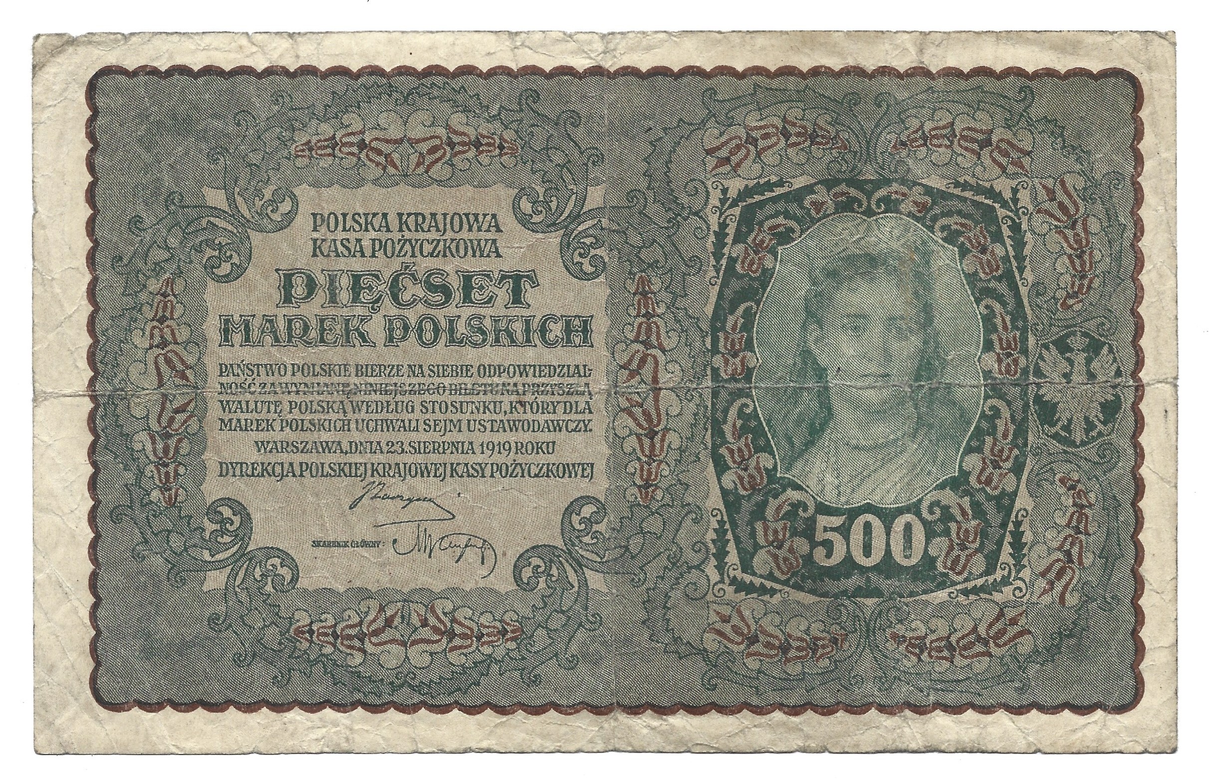 Banknot – PIĘĆSET MAREK POLSKICH, 1919 r.