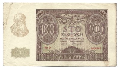 Banknot - 100 ZŁOTYCH, 1940 r.