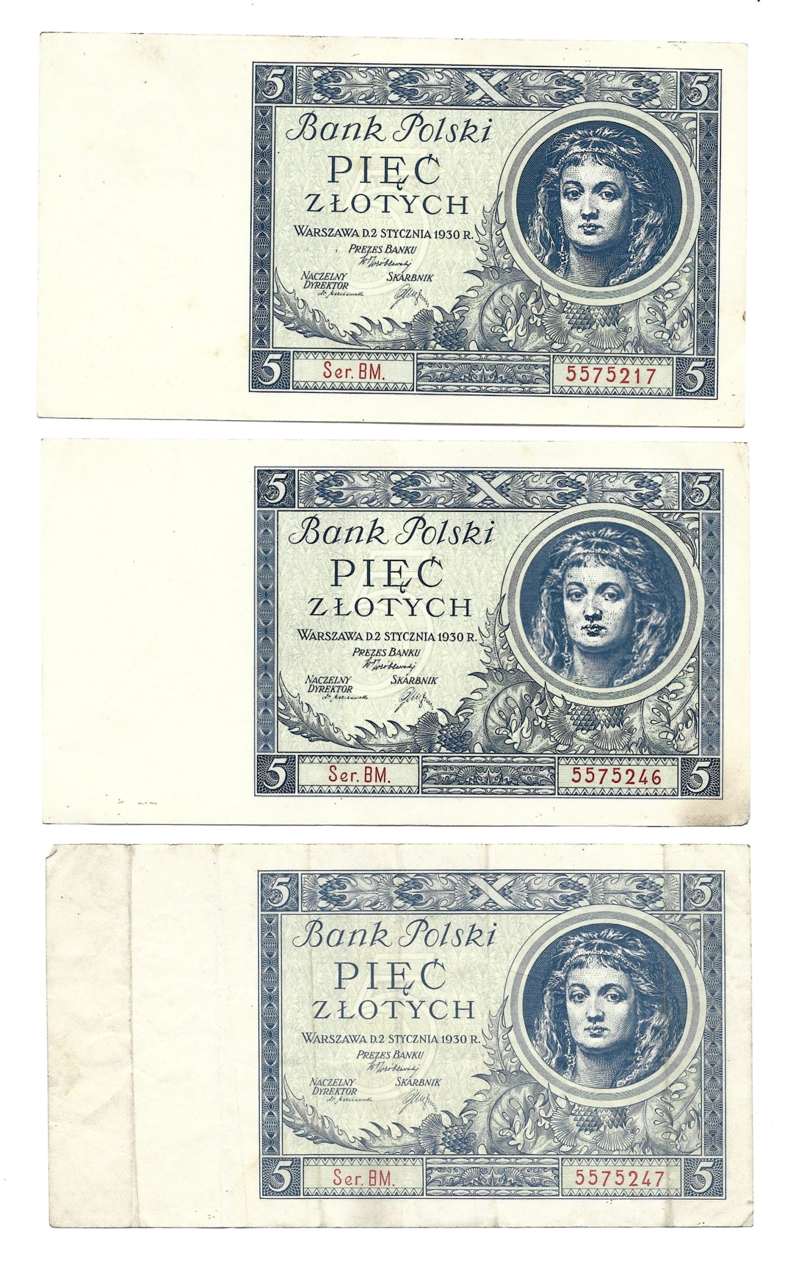 Zestaw banknotów, 6 sztuk - 5 złotych, 1930 r.