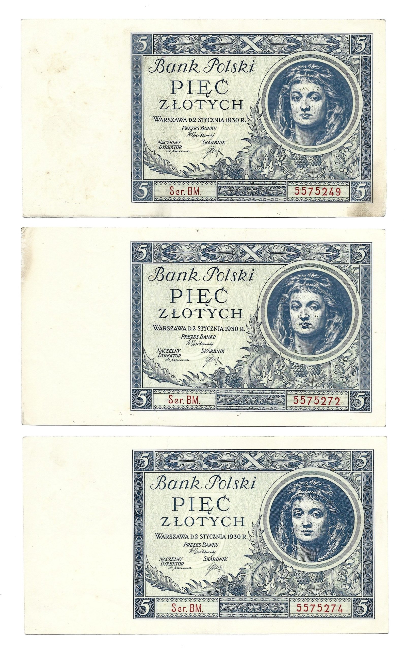 Zestaw banknotów, 6 sztuk - 5 złotych, 1930 r.