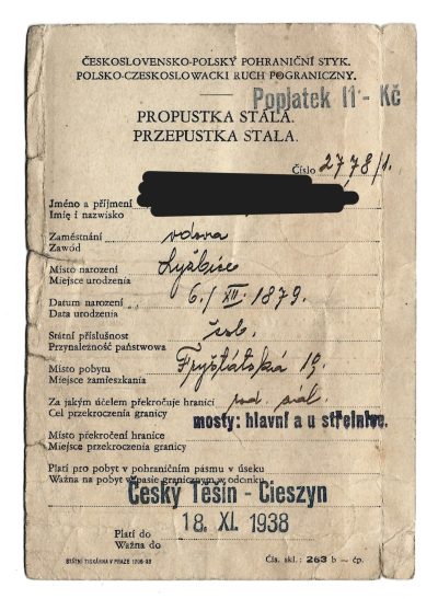 Przepustka stała imienna: CESKY TESIN - CIESZYN, 1938 r. - Polsko-Czeskosłowacki Ruch Pograniczny