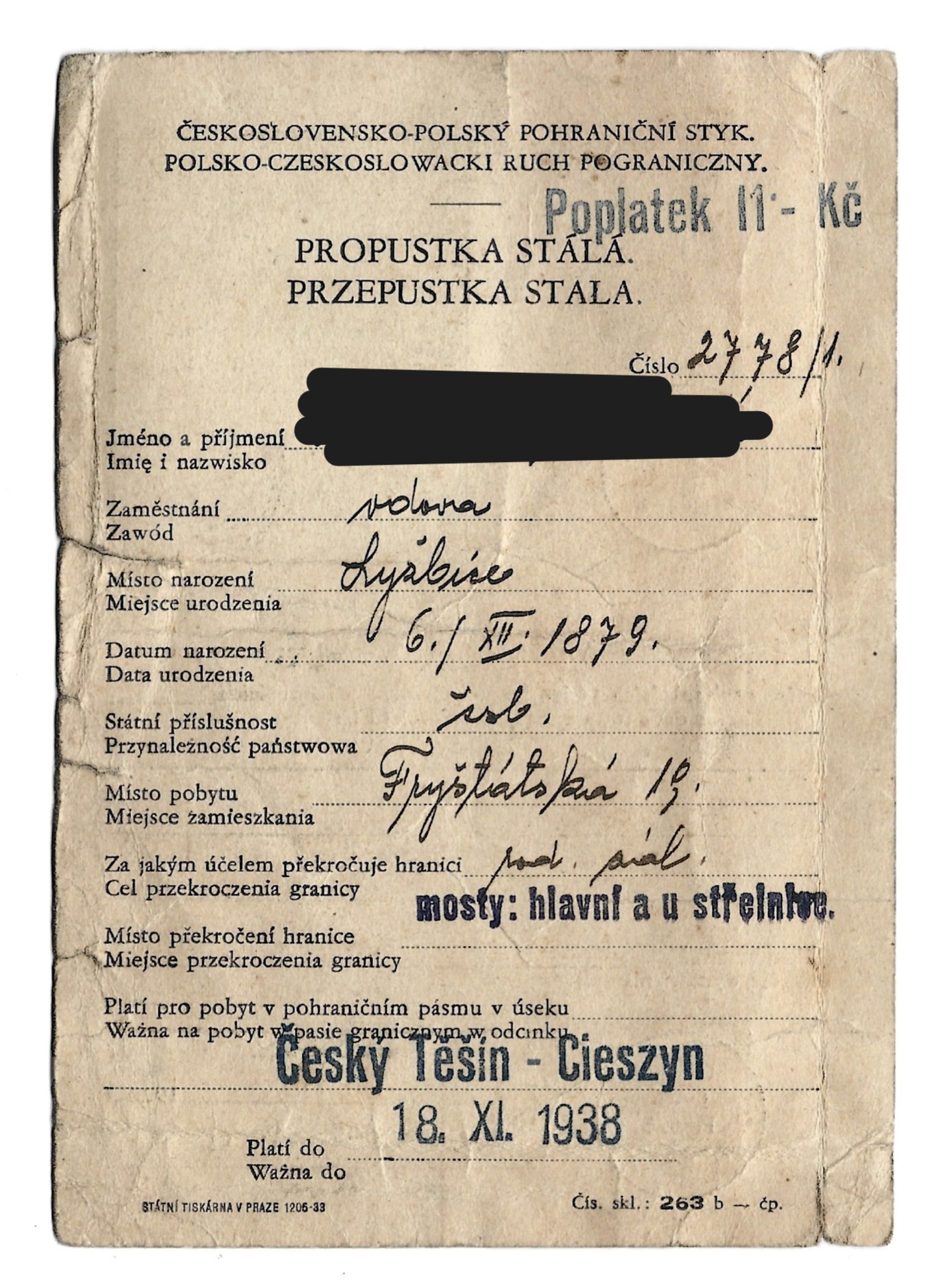 Przepustka stała imienna: CESKY TESIN - CIESZYN, 1938 r. - Polsko-Czeskosłowacki Ruch Pograniczny