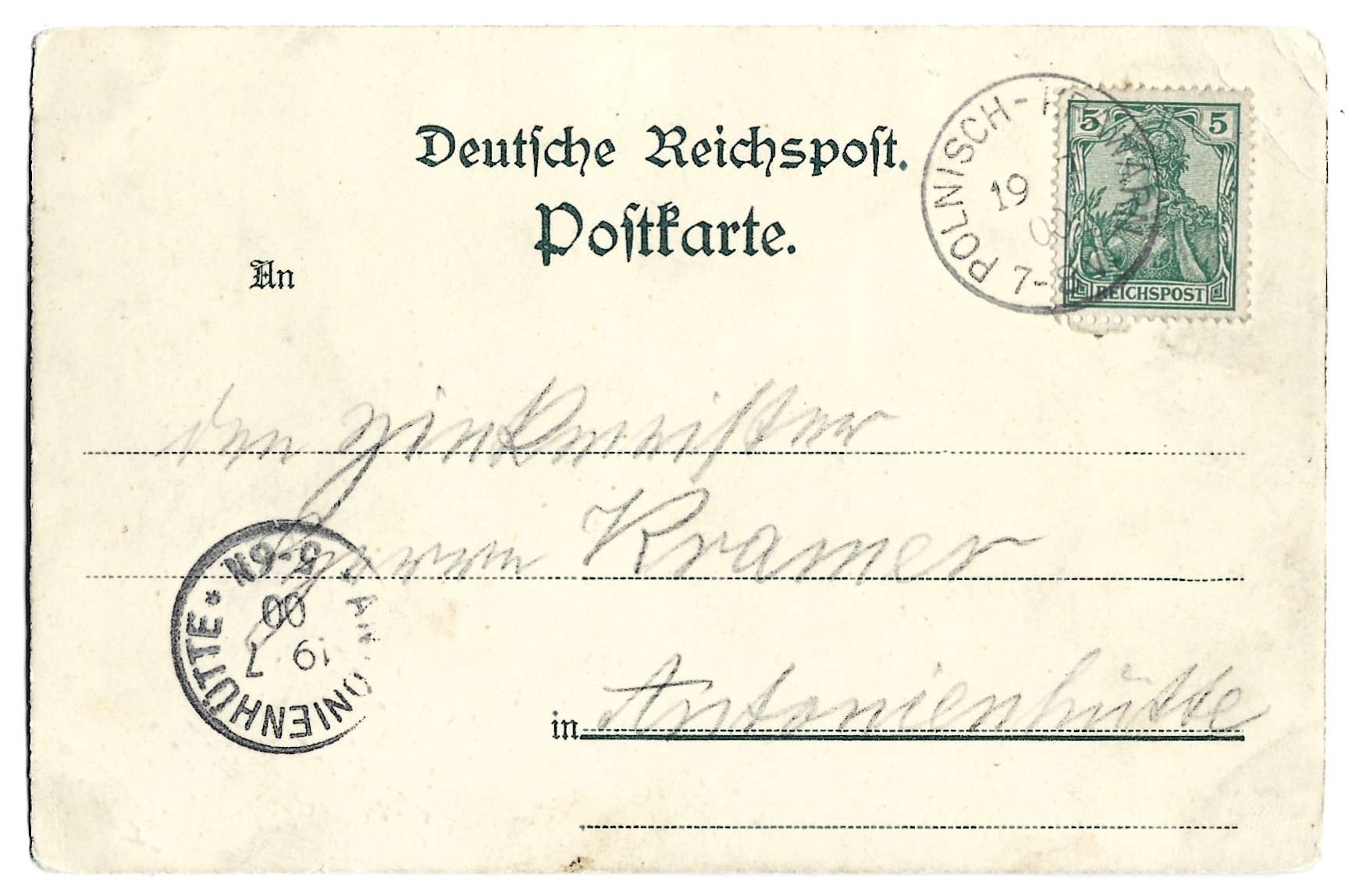 Pocztówka - Gruss aus Poln.-Krawarn. - 1900 r. - Pozdrowienia z Krawarza Polskiego (Krowiarki, Śląsk)