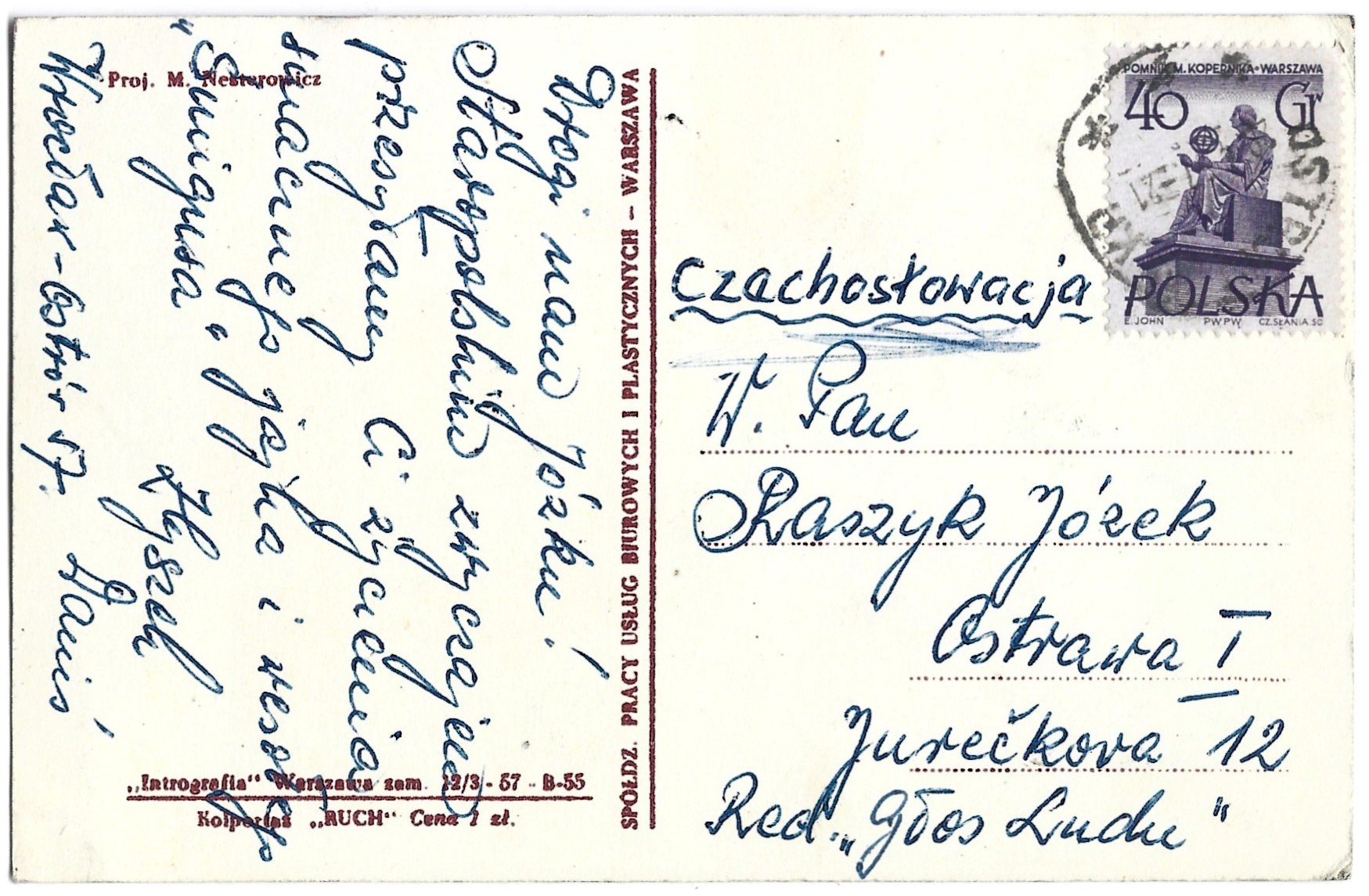 Pocztówka wielkanocna WESOŁYCH ŚWIĄT – M. Nesterowicz, 1957 r.