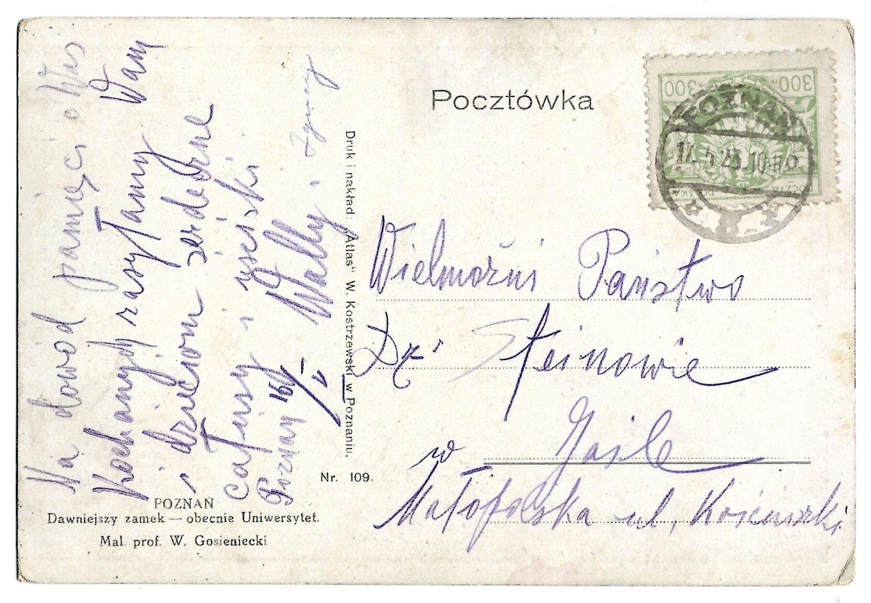 Pocztówka - POZNAŃ. Dawniejszy zamek - obecnie Uniewersytet  -  Mal. prof. W. Gosieniecki, 1923 r.