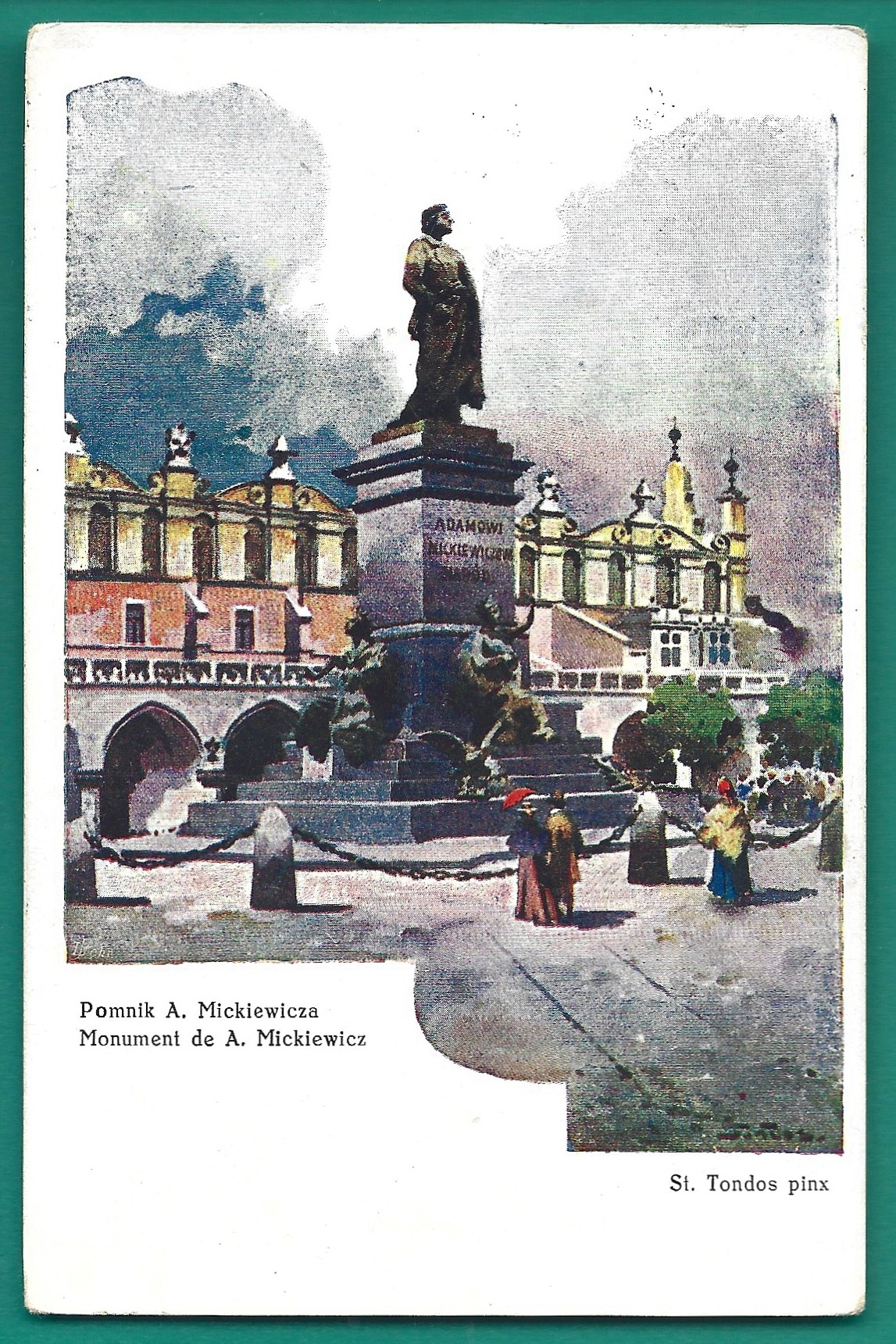 Pocztówka – KRAKÓW. Pomnik A. Mickiewicza – mal. Stanisław Tondos, 1928 r.