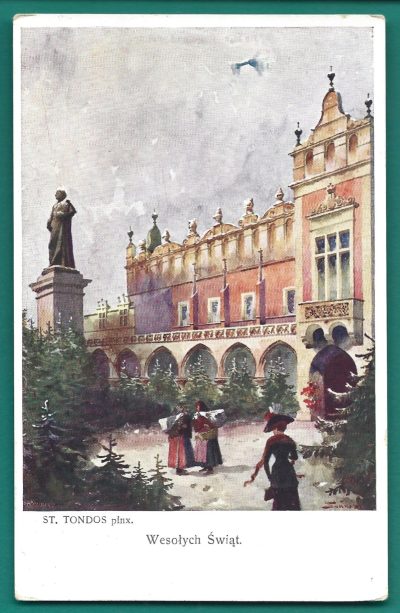 Pocztówka - Wesołych Świąt, mal. Stanisław Tondos - Kraków, Rynek Główny