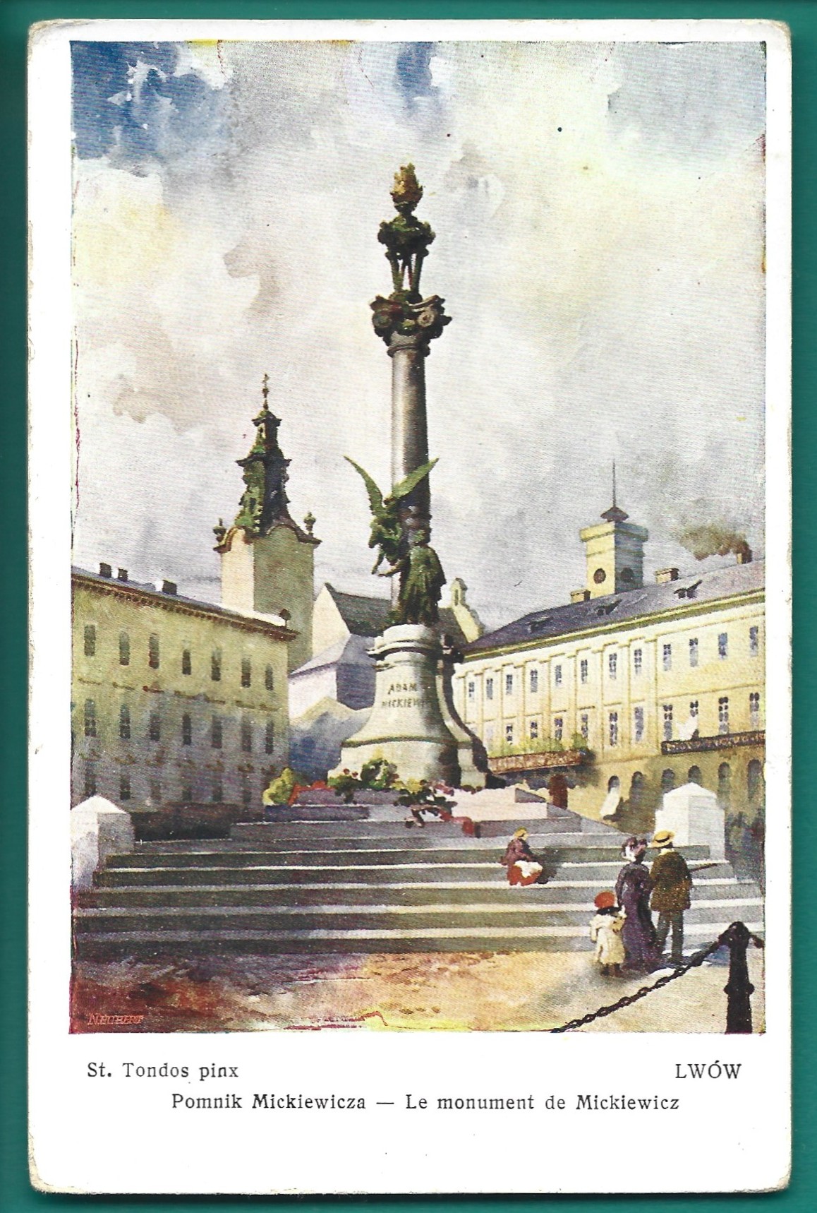 Pocztówka - LWÓW. Pomnik Mickiewicza - mal. Stanisław Tondos