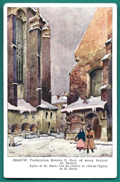 Pocztówka - KRAKÓW. Prezbyterium Kościoła P. Marji od strony Kościoła św. Barbary - Mal. Stanisław Tondos i Wojciech Kossak