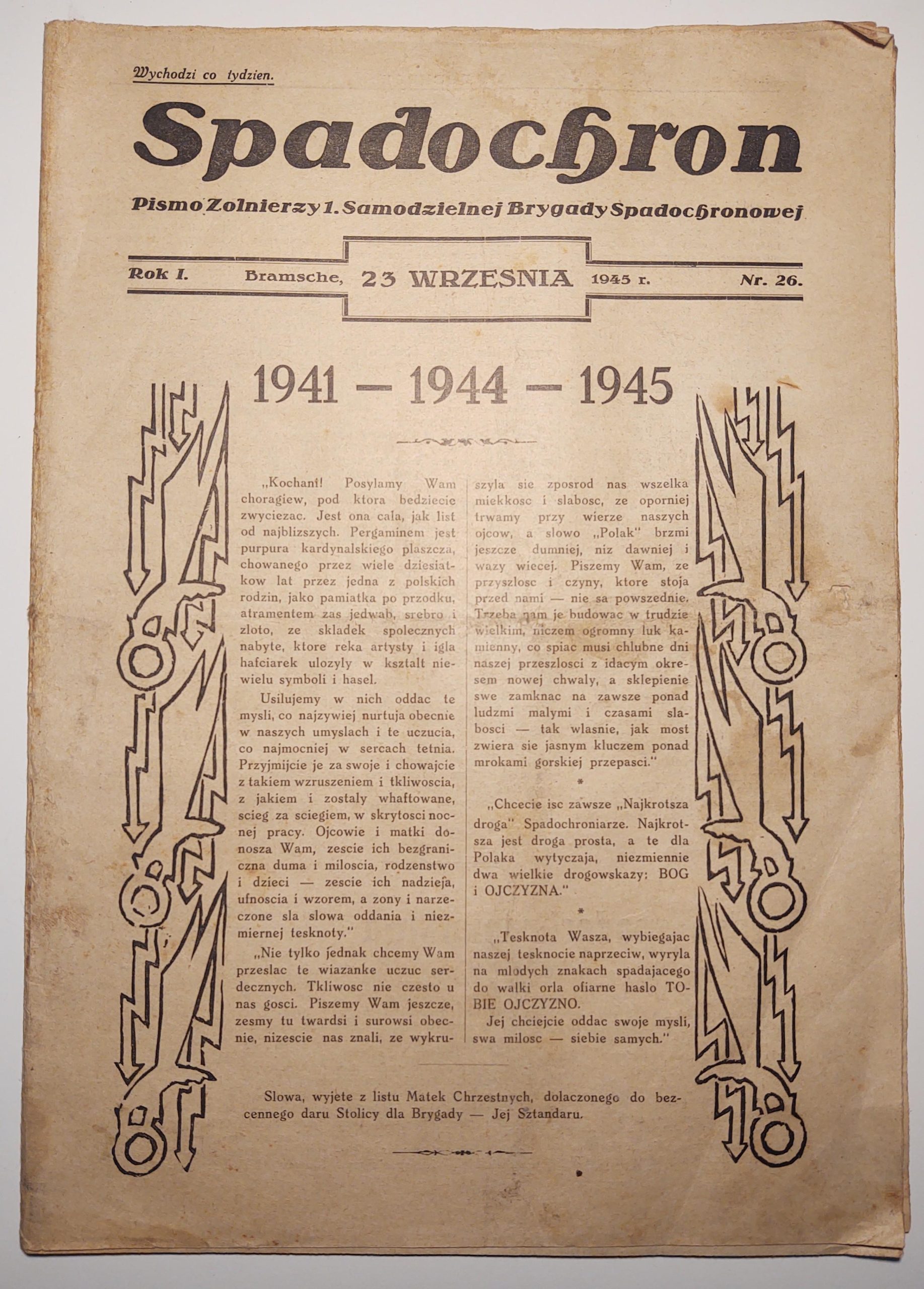 Czasopismo "SPADOCHRON. Pismo Żołnierzy 1. Samodzielnej Brygady Spadochronowej" - Nr. 26, 1945 r.