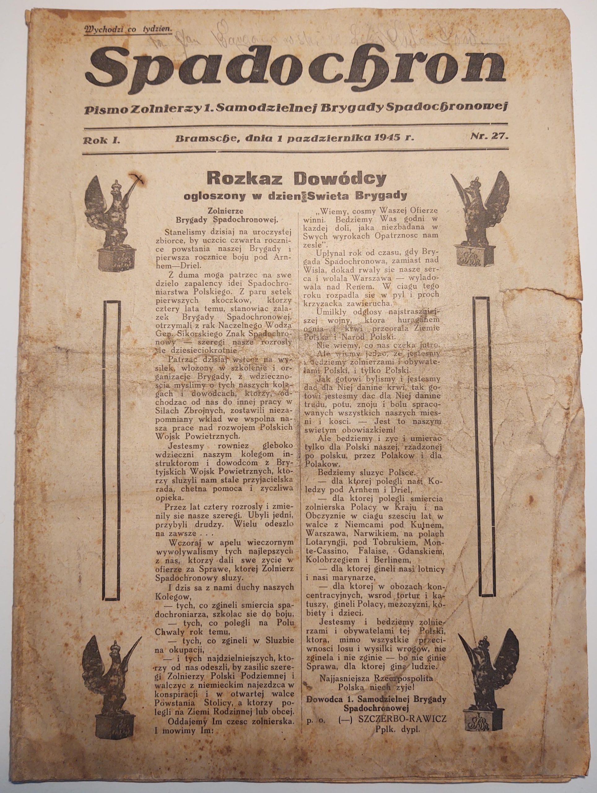 Czasopismo "SPADOCHRON. Pismo Żołnierzy 1. Samodzielnej Brygady Spadochronowej" - Nr. 27, 1945 r.