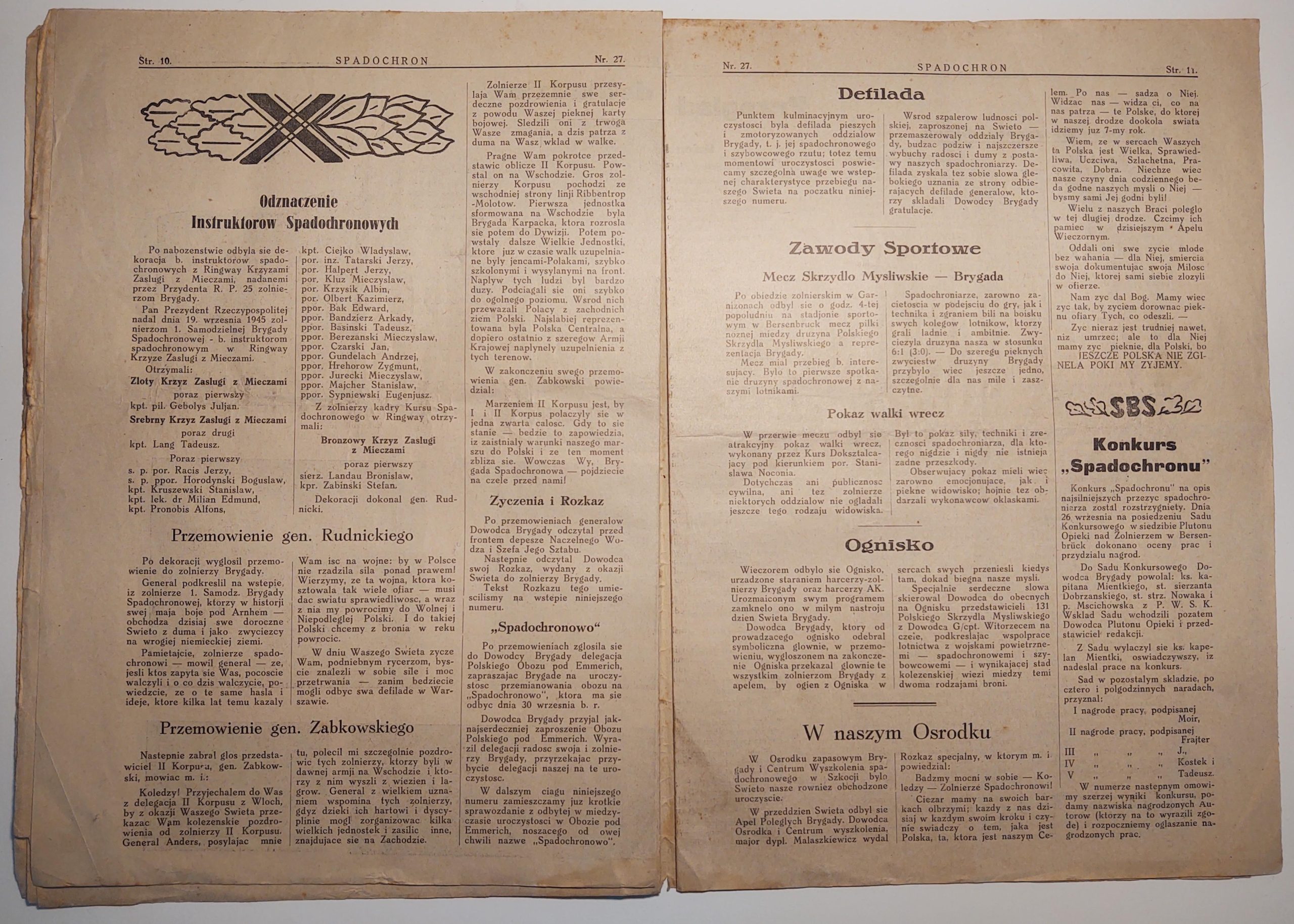 Czasopismo "SPADOCHRON. Pismo Żołnierzy 1. Samodzielnej Brygady Spadochronowej" - Nr. 27, 1945 r.
