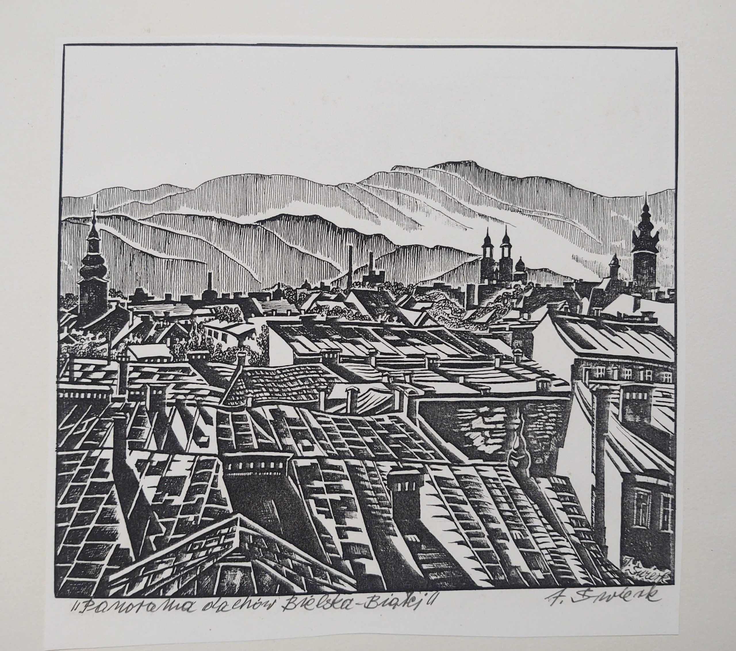 Grafika „Panorama dachów Bielska-Białej” Józef Świerk