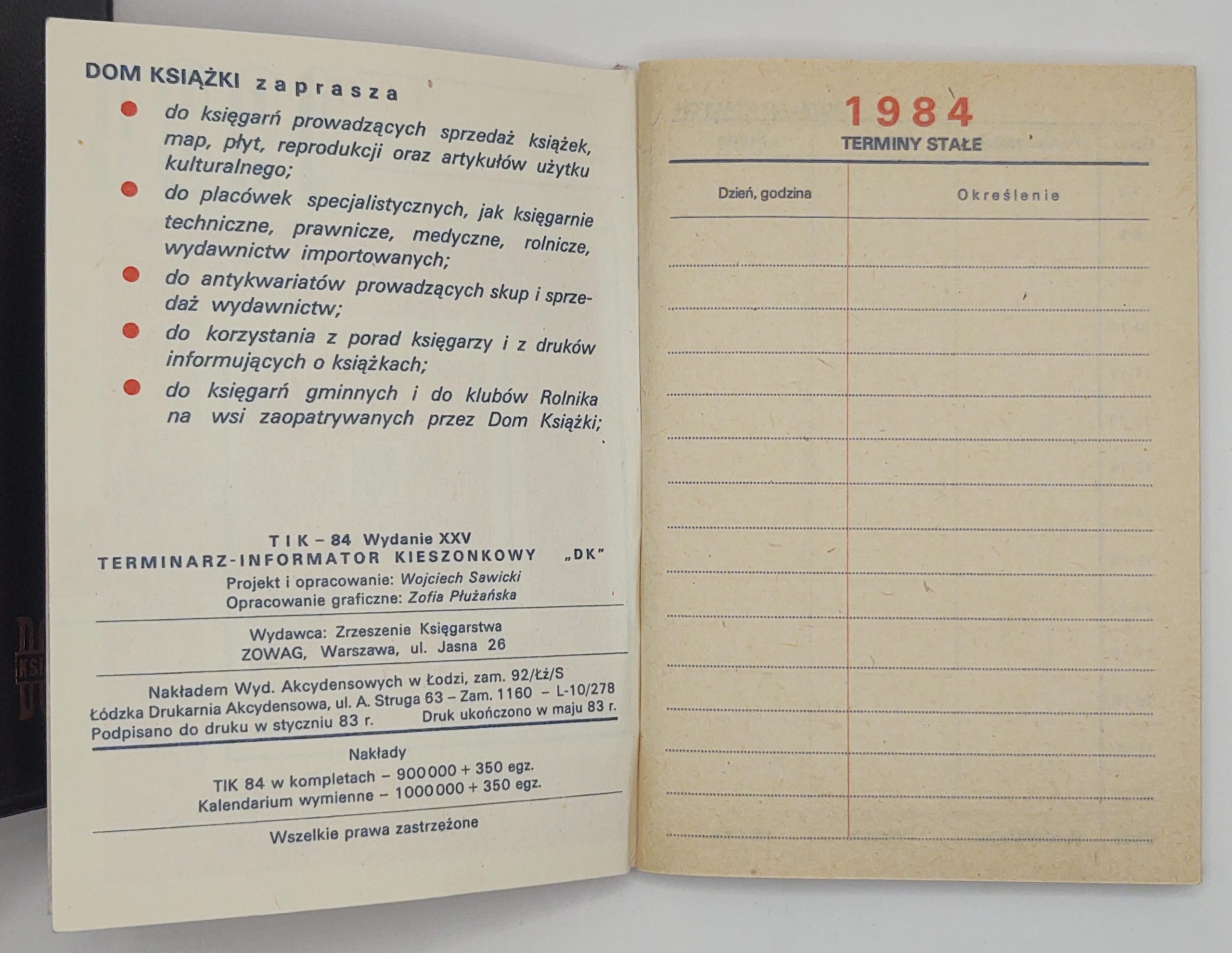 Kalendarzyk kieszonkowy 1984 rok - czysty, nieużywany
