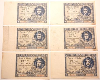 Zestaw banknotów, 6 sztuk - 5 złotych, 1930 r.