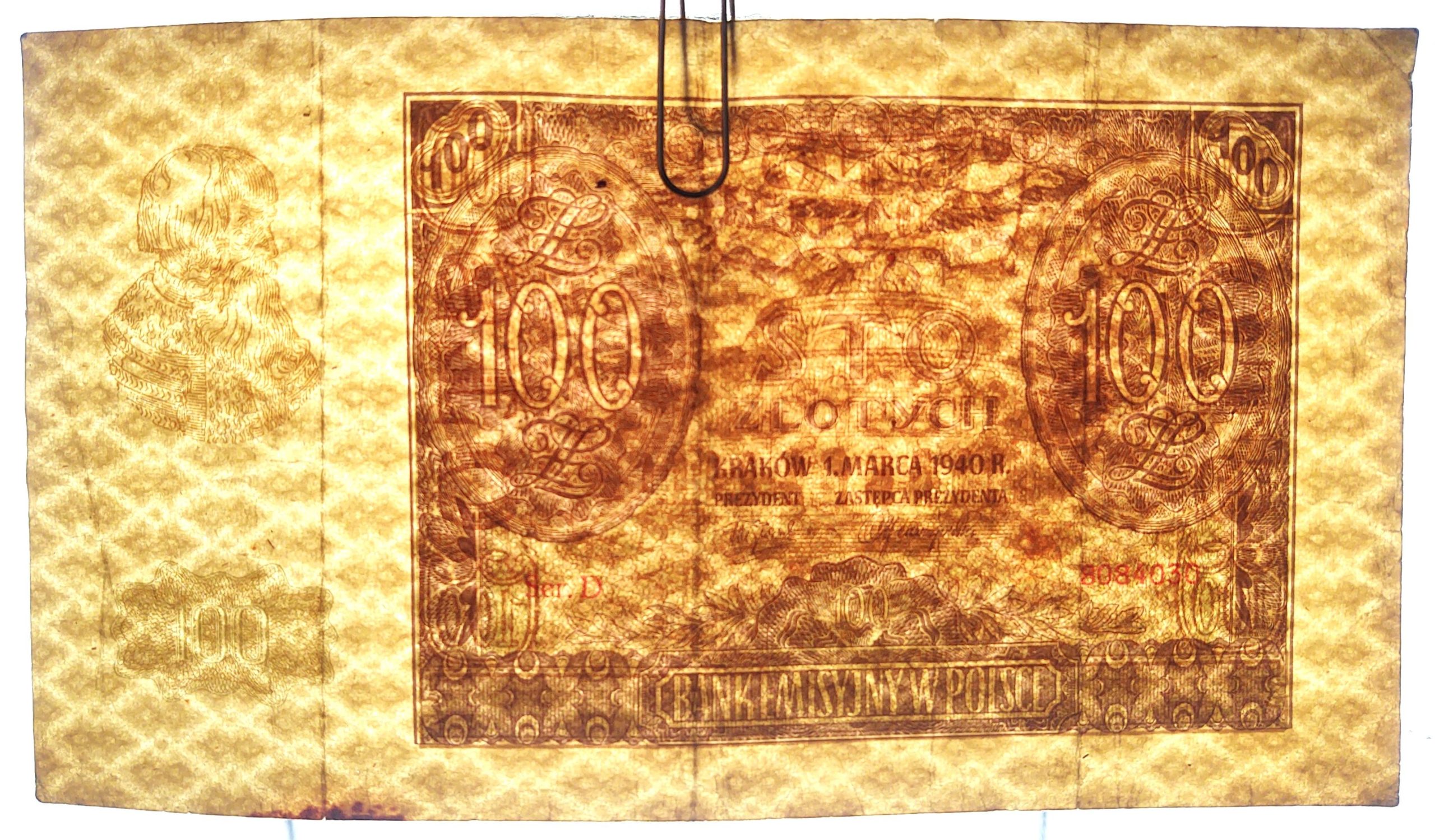 Banknot – 100 ZŁOTYCH, 1940 r.