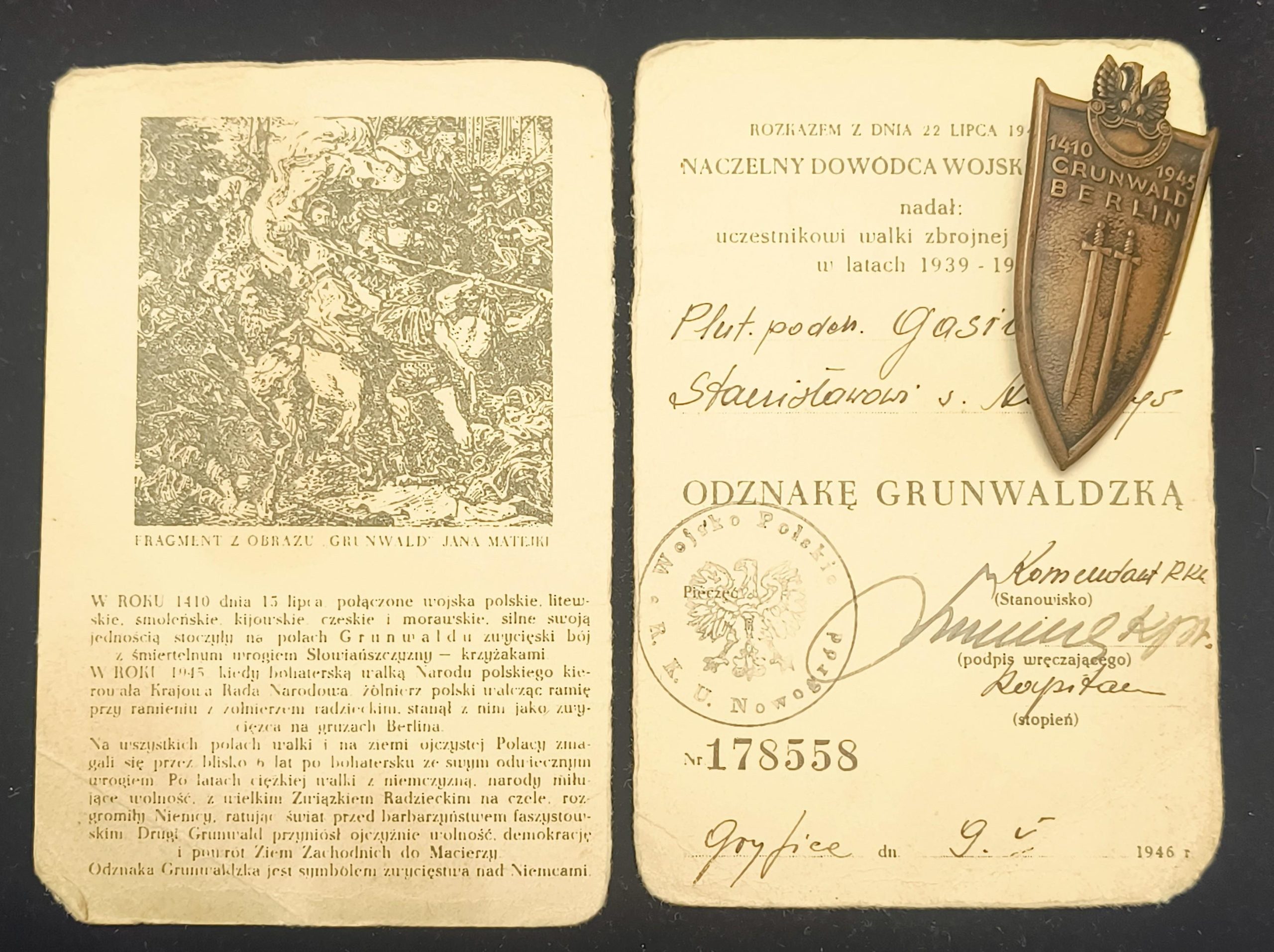 Odznaka Grunwaldu wraz z legitymacją 1946 r.
