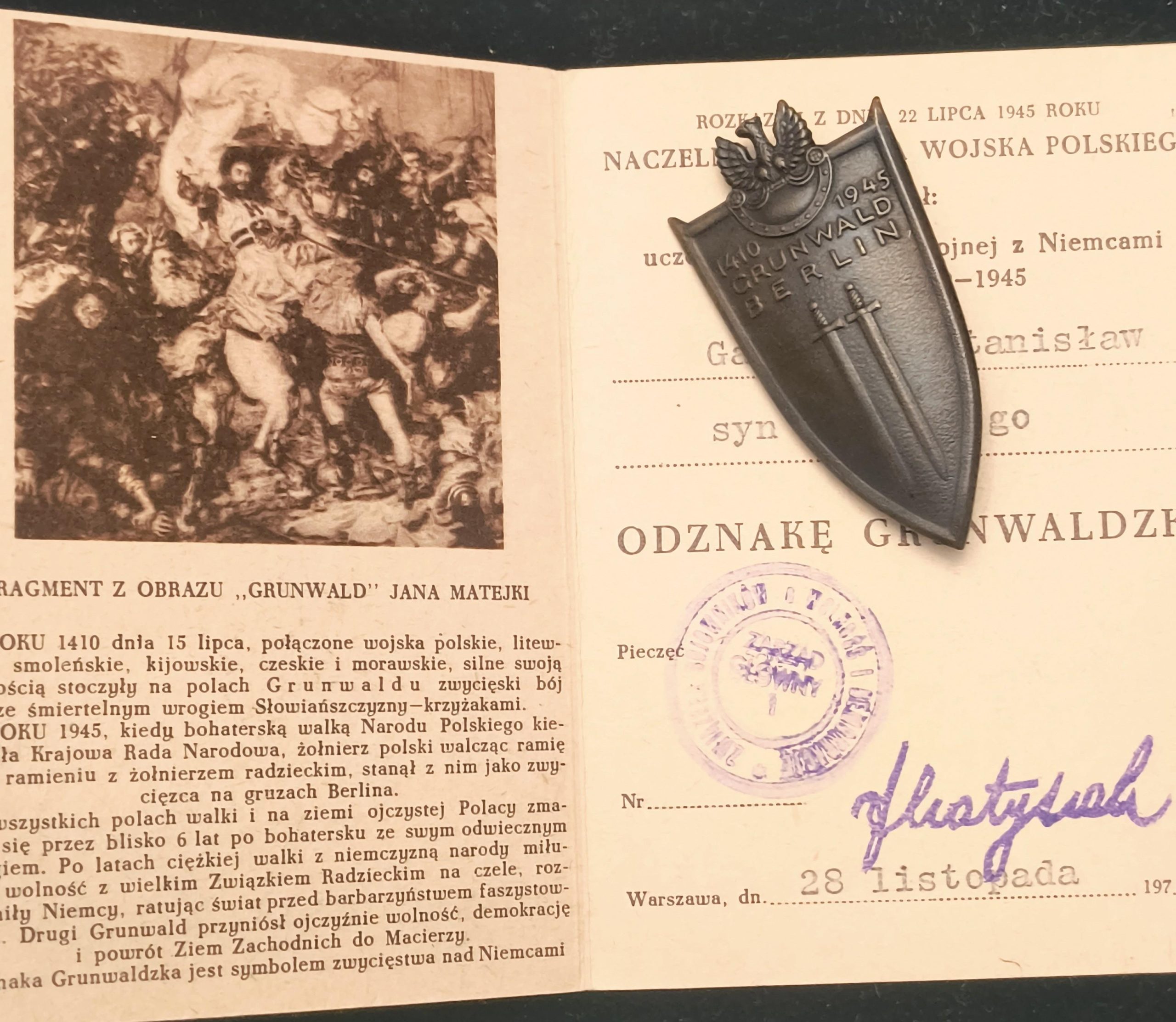 Odznaka Grunwaldu wraz z legitymacją 1971 r.