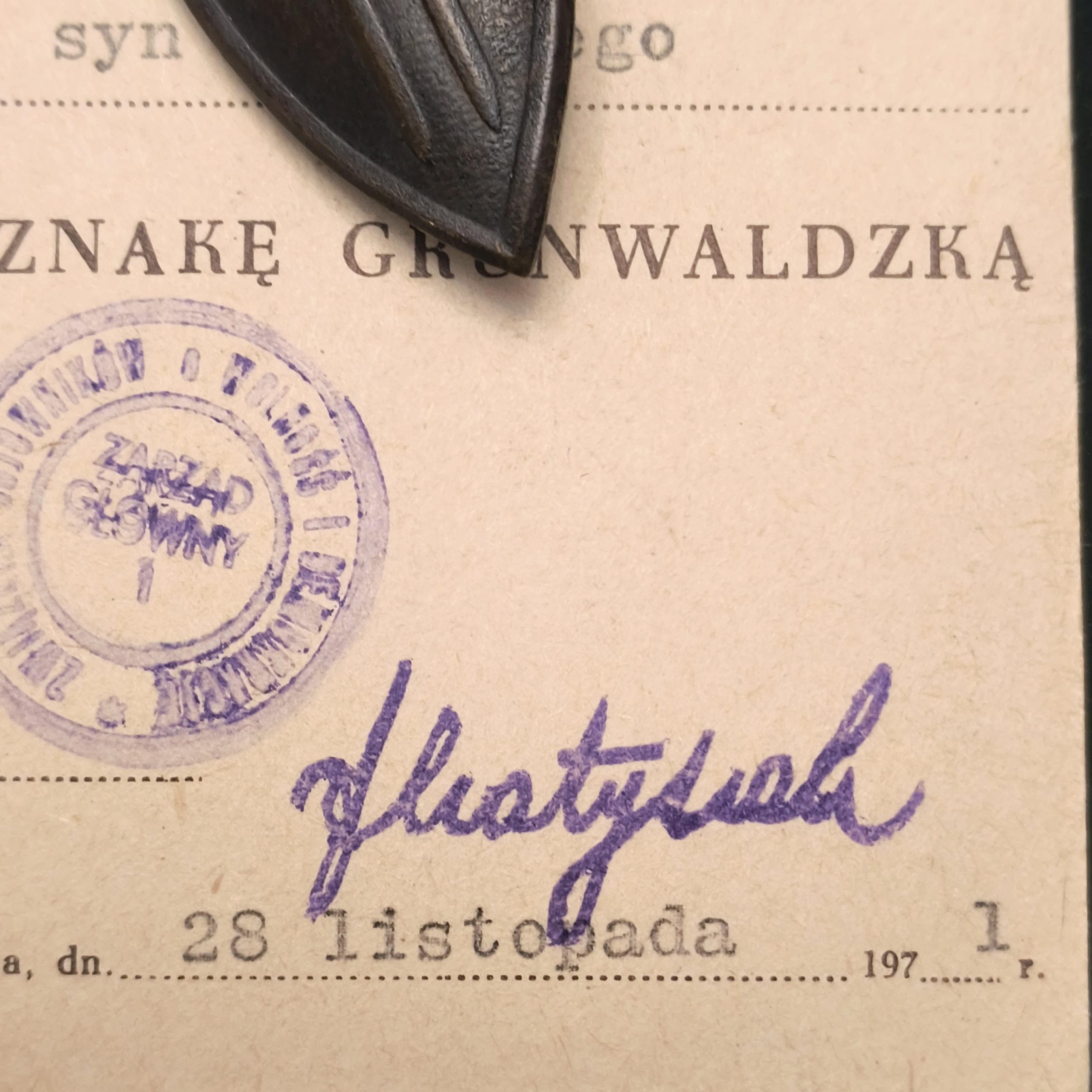 Odznaka Grunwaldu wraz z legitymacją 1971 r.