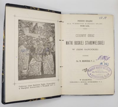 Książka "Cudowny obraz Matki Boskiej Starowiejskiej w Ziemi Sanockiej" Ks. W. Mrowiński T. J., 1895 r.
