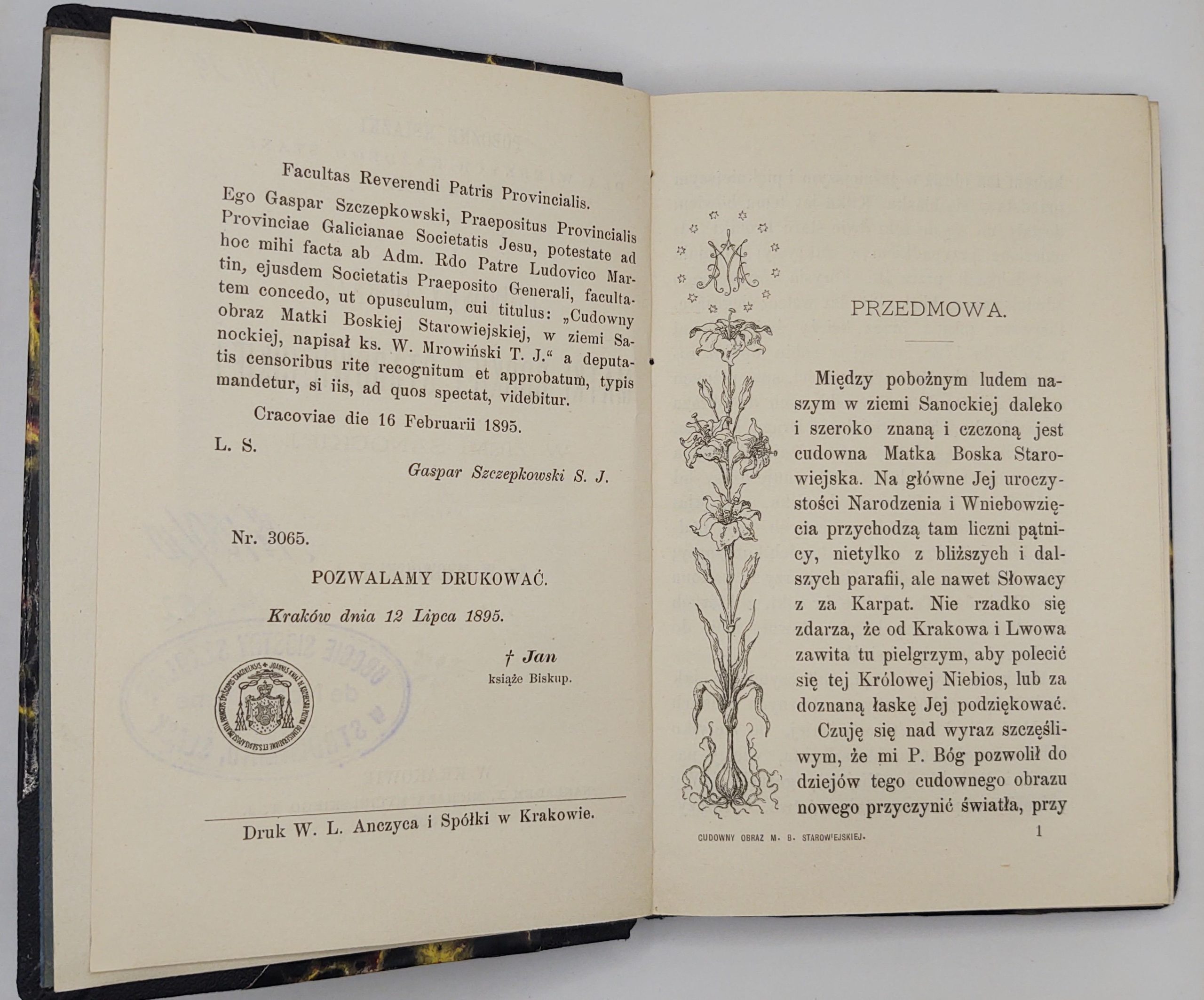 Książka "Cudowny obraz Matki Boskiej Starowiejskiej w Ziemi Sanockiej" Ks. W. Mrowiński T. J., 1895 r.