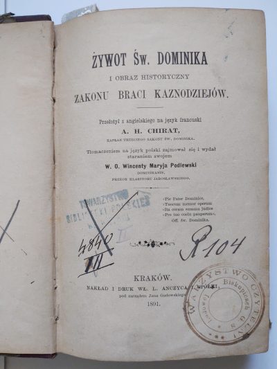 Książka "ŻYWOT Św. DOMINIKA i obraz historyczny Zakonu Braci Kaznodziejów", 1891 r.