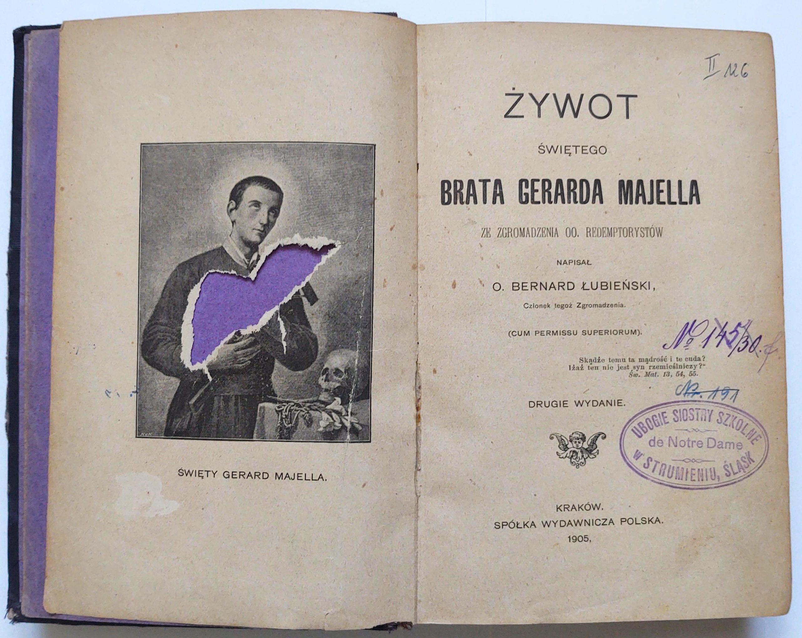 Książka "ŻYWOT ŚWIĘTEGO BRATA GERARDA MAJELLA" O. Bernard Łubieński, 1905 r.